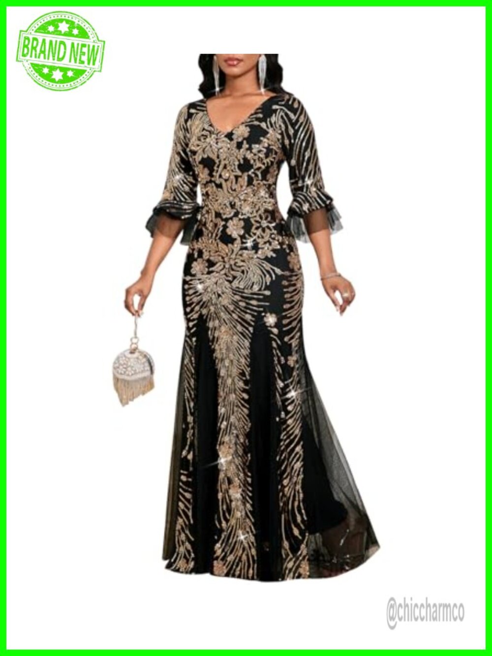 Sequin V Neck Flare Sleeve Mermaid Formal Evening Gown